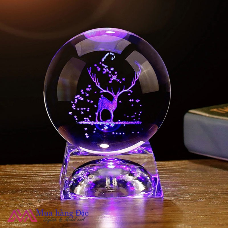 Bộ Quà Tặng 🎁 🎁 🎁 Quả Cầu Pha Lê Danledion Khắc Laser 3D LED Chú Hươu