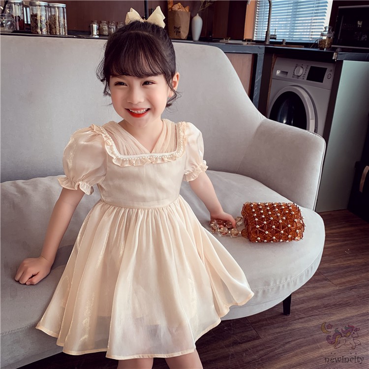 Đầm Công Chúa Vải Satin Tay Phồng Kiểu Hàn Quốc Xinh Xắn Cho Bé Gái