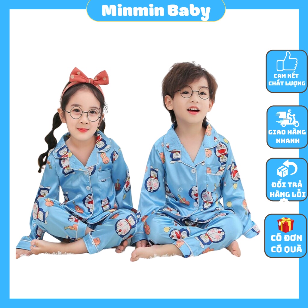 Bộ Pijama cho bé gái bé trai Minmin baby, Đồ ngủ chất lụa in hình doraemon và pikachu Cực Yêu Cho Bé Từ 6-27kg PMO4
