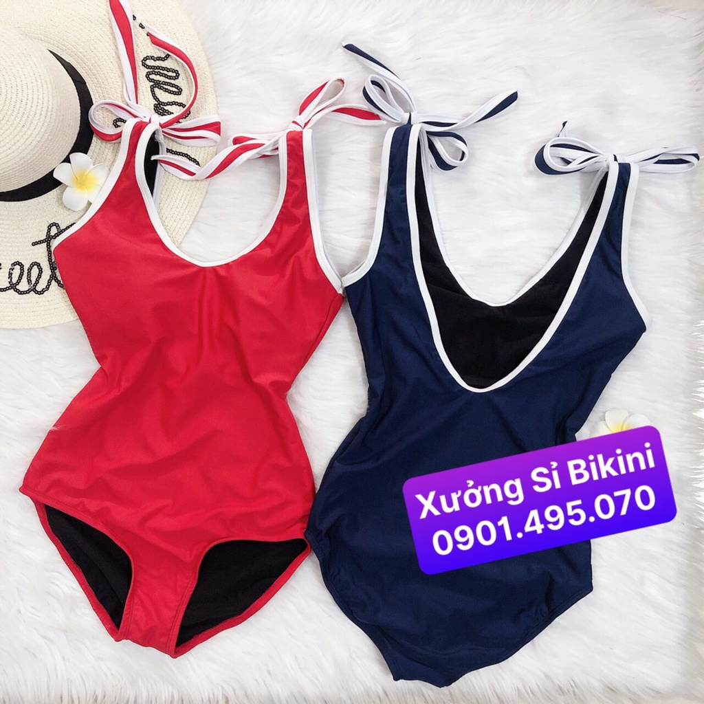 Bikini 1 mảnh màu đỏ viền trắng nơ vai dễ thương (nhiều màu)