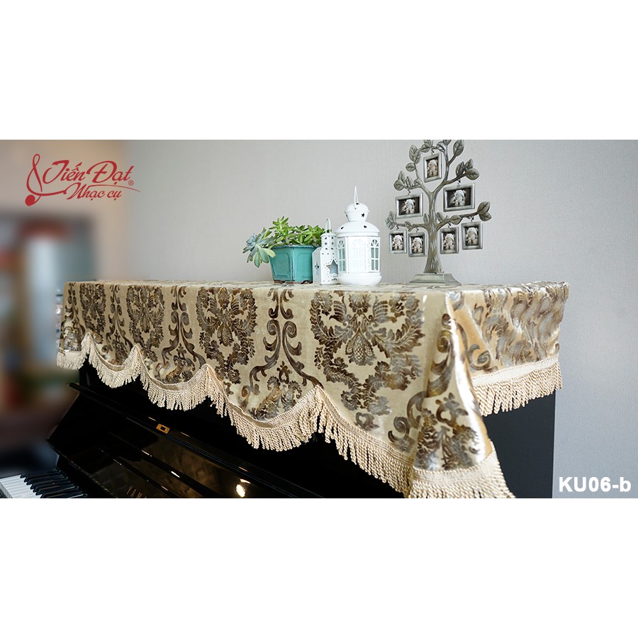 KHĂN PHỦ ĐÀN PIANO NHUNG VÀNG THÊU HOA TUA RUA XOẮN KU-06B
