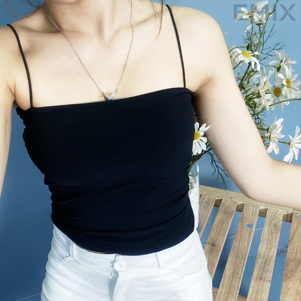Áo croptop 2 dây EMIX (màu đen), dáng ngắn, sợi bún, vải cotton dày dặn, không sợ lộ, kín đáo