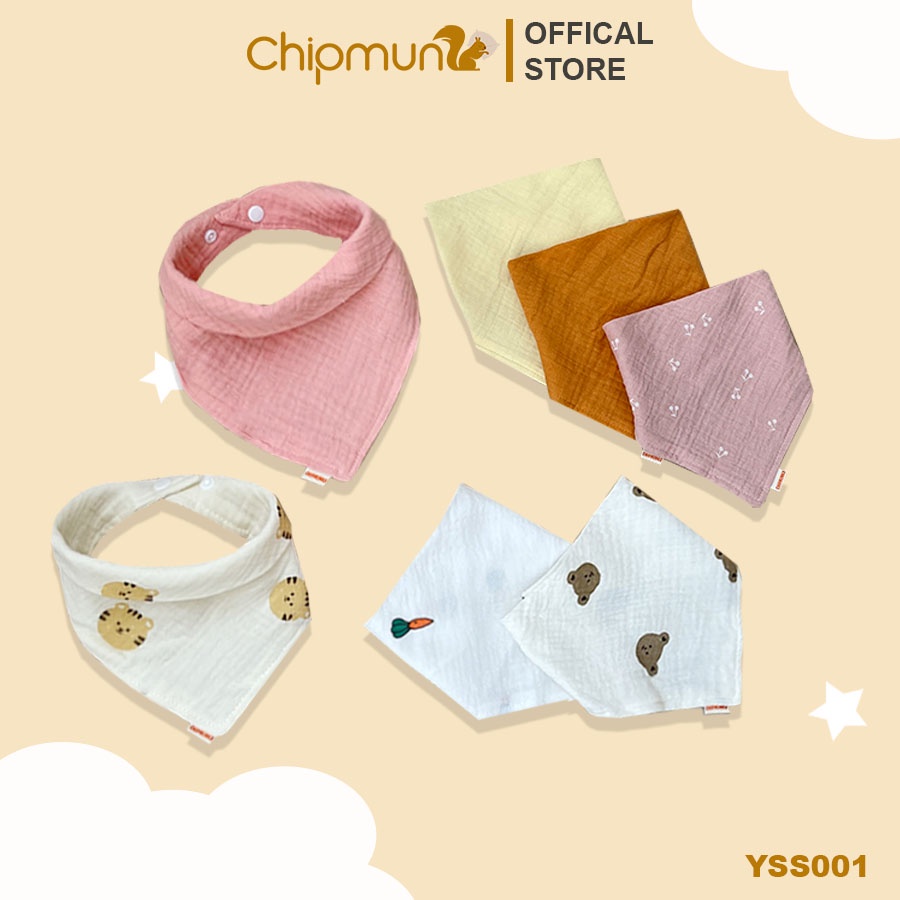 Yếm tam giác xô muslin CHIPMUNK cho bé sơ sinh đến 3 tuổi, 100% cotton, 2 cúc bấm, KT 26x26x37cm