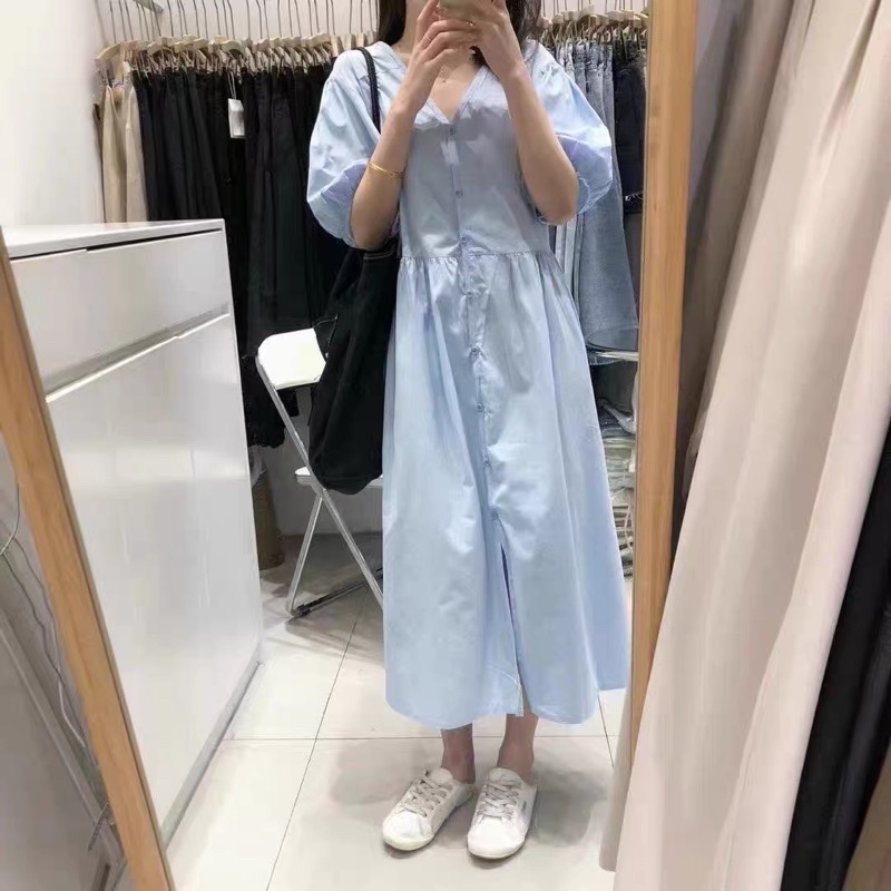 Váy Thô Cổ V Ulzzang Hàng Quảng Châu 🦋 - Đầm vintage Phối Cúc Ảnh Thật Video Shop Tự chụp Lekemqc ❤️