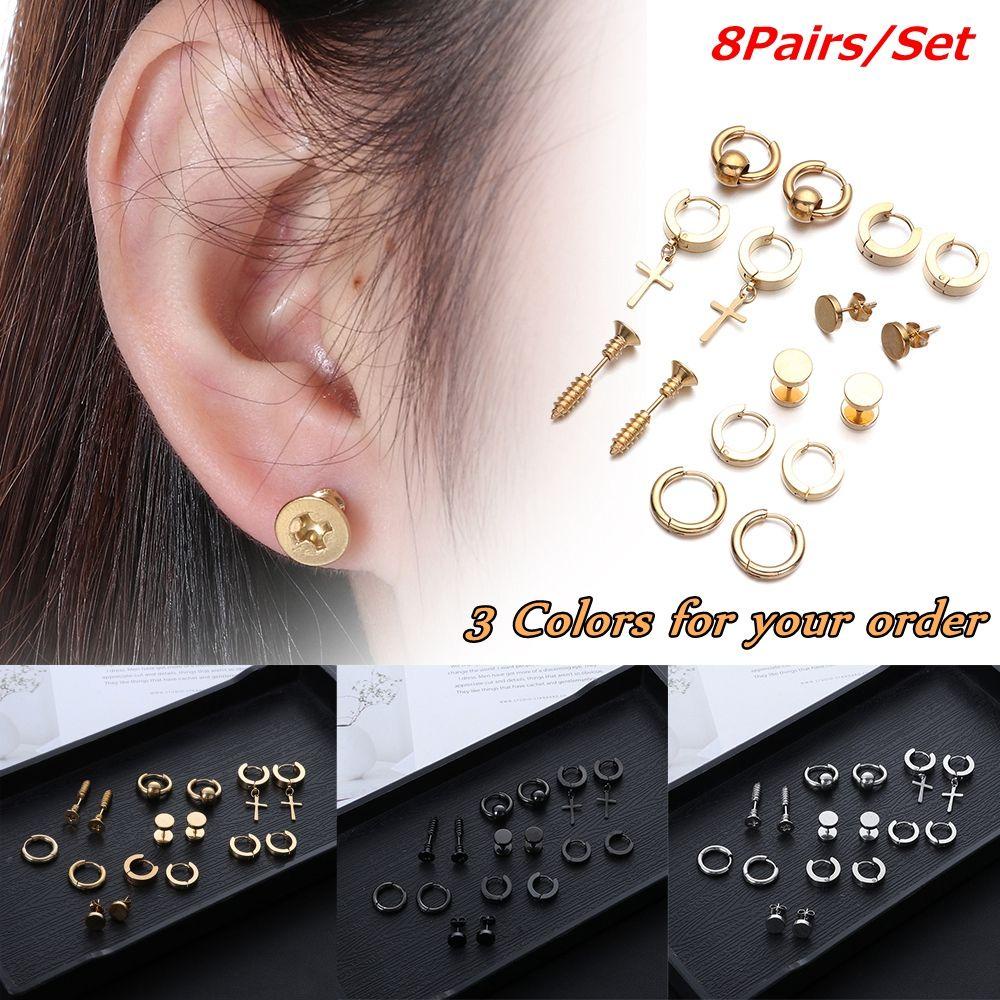 Bộ Khuyên Xỏ Sụn Tai Bằng Thép Không Gỉ Màu Đen Cá Tính