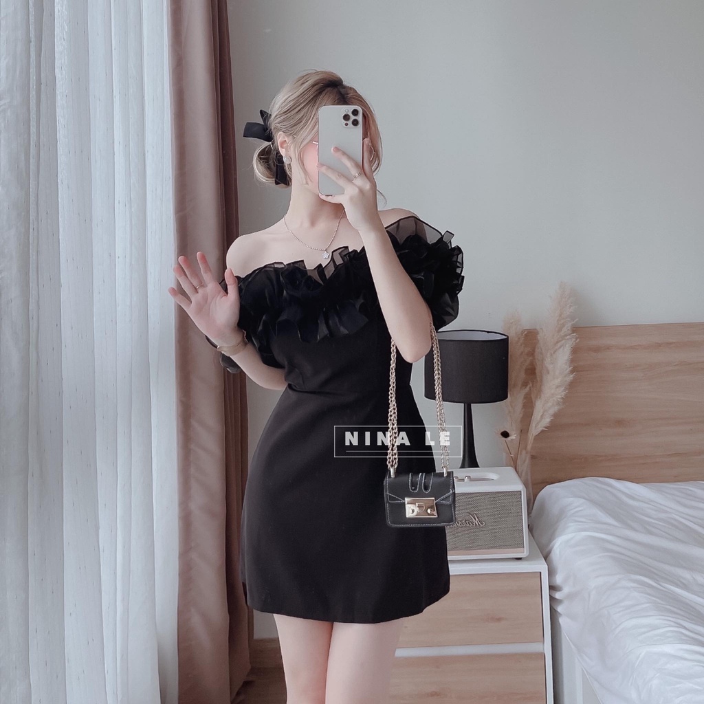 Đầm nữ tầng bèo trễ vai phối voan kiếng màu sắc quý phái giúp nàng nổi bật đi chơi, dự tiệc