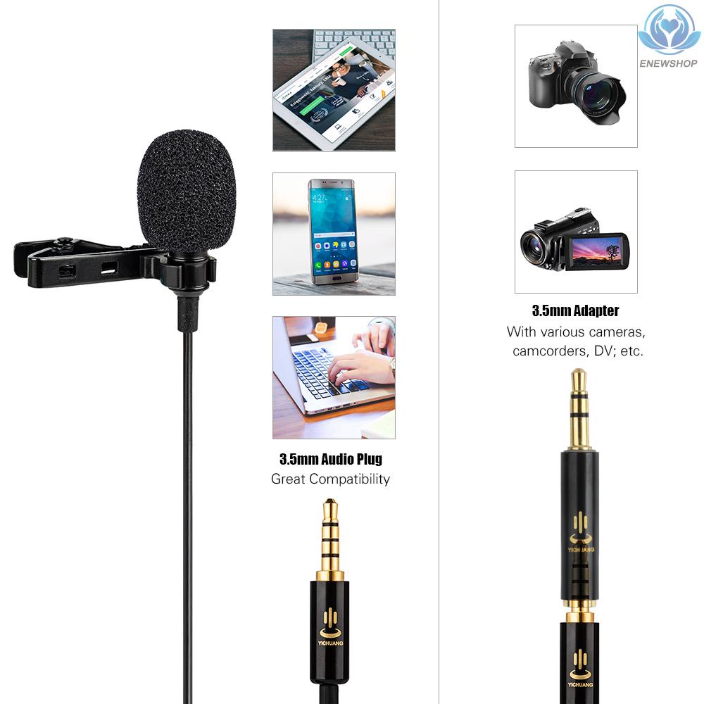 【enew】Professional Omni-directional Clip-on Lavalier Microphone Mic Cable Length 6M with 3.5mm Jack Adapter Windscreen for iPhone 6/6P Samsung Huawei Smartphone Tablet Laptop for Cameras Camcorders DV DSLR for Studio Interview Recording