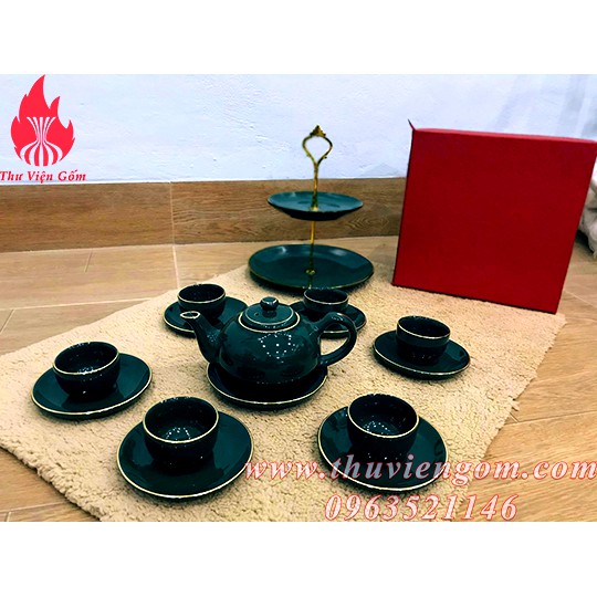 Bộ ấm chén men xanh cổ vịt vẽ vàng chuẩn Bát Tràng (3 dáng ) | BigBuy360 - bigbuy360.vn