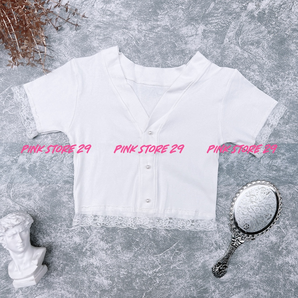 Áo croprop viền ren  tay ngắn( kèm ảnh thật ) A5004