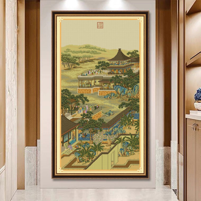 (VẢI NÂU) Tranh thêu chữ thập chỉ lụa phong cảnh 12 tháng Ung chính tháng 8
