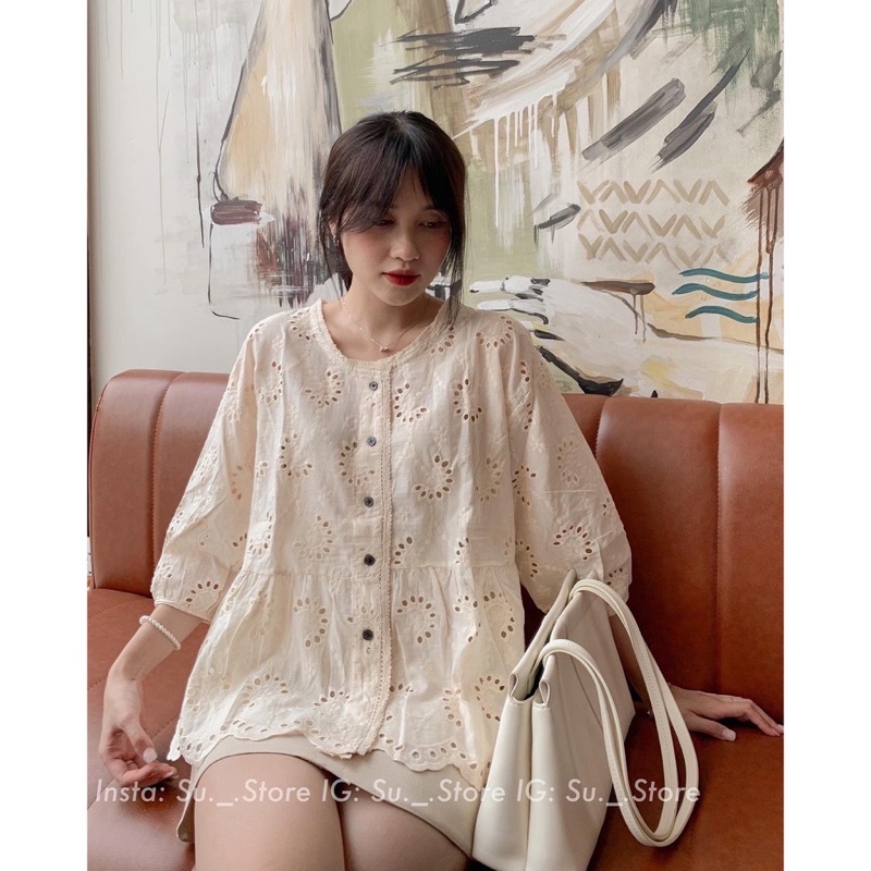 Áo babydoll ren thô dễ thương màu kem phong cách Nhật nữ tính điệu đà mang hằng ngày tiểu thư hàn quốc