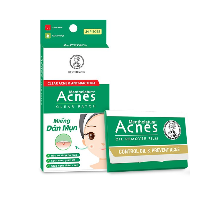 Combo miếng dán mụn Acnes Clear Patch 24 miếng &amp; Phim thấm dầu Oil Remover Film 50 tờ
