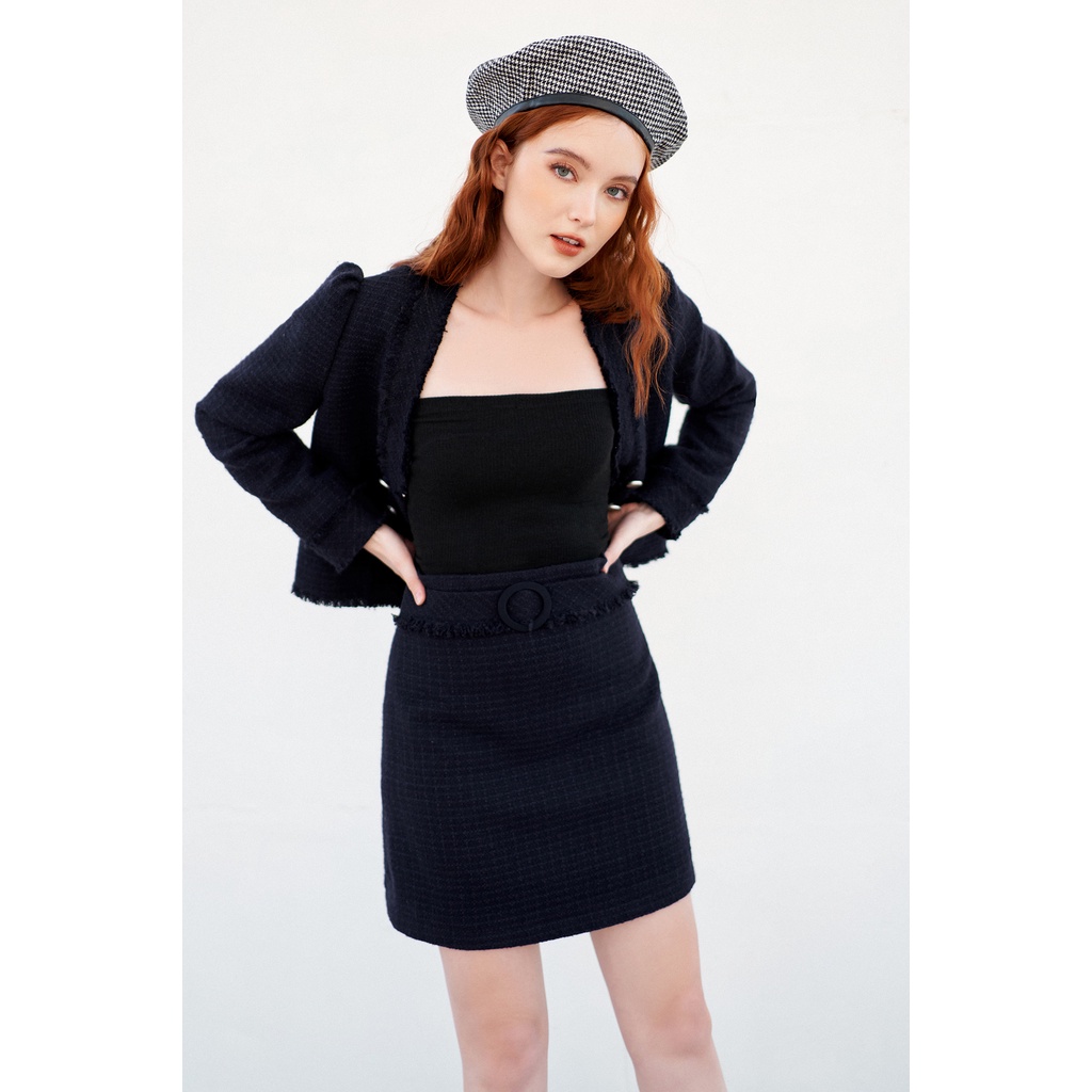 Áo khoác blazer tweed cổ V rua nẹp navy 1BL2028 ADORE DRESS