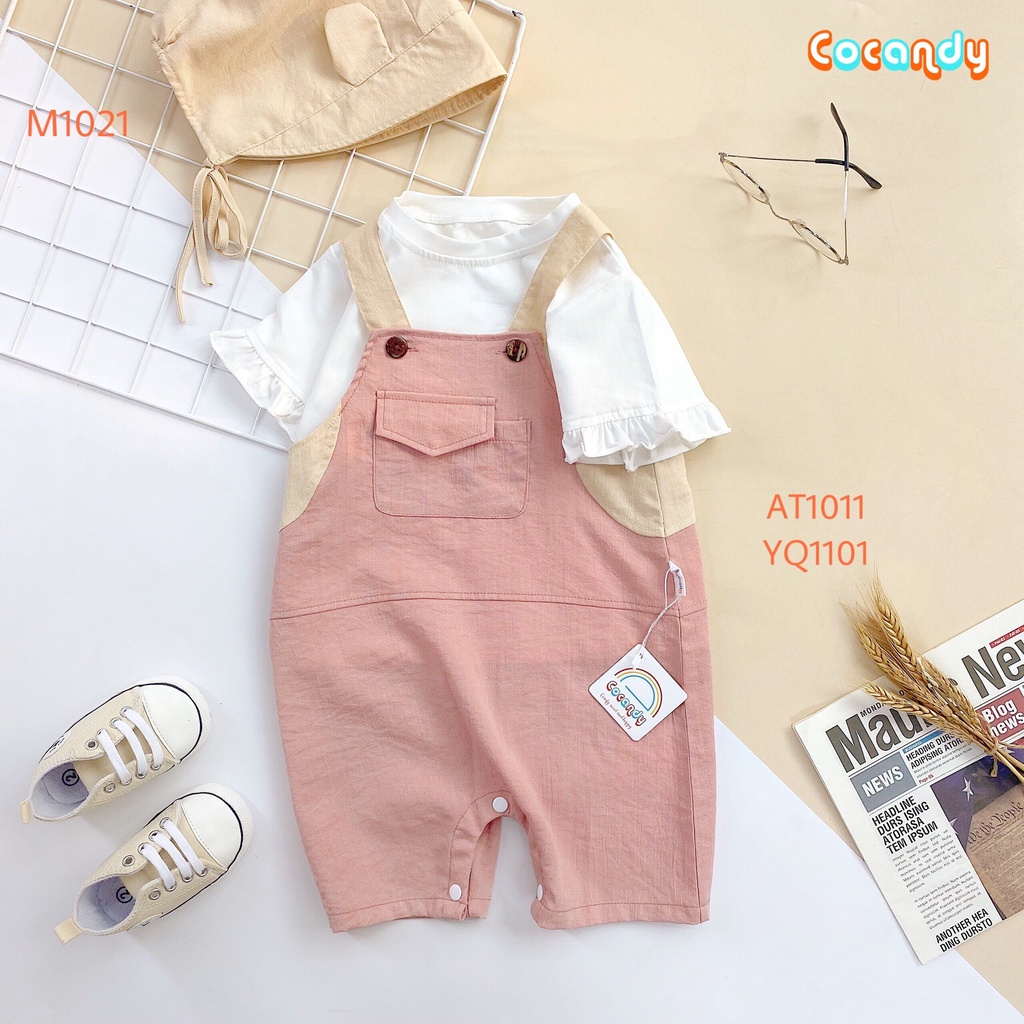 Set đồ cho bé- Áo thun trắng tay bèo và yếm quần đũi hồng cho bé của COCANDY mã AT101100, YQ110131