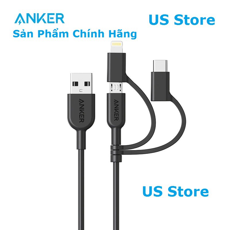 Cáp sạc 3 trong 1 ANKER Powerline II 0.9M - Lightning/Type C/Micro USB Cable for iOS, Samsung Galaxy, Huawei, HTC, LG...