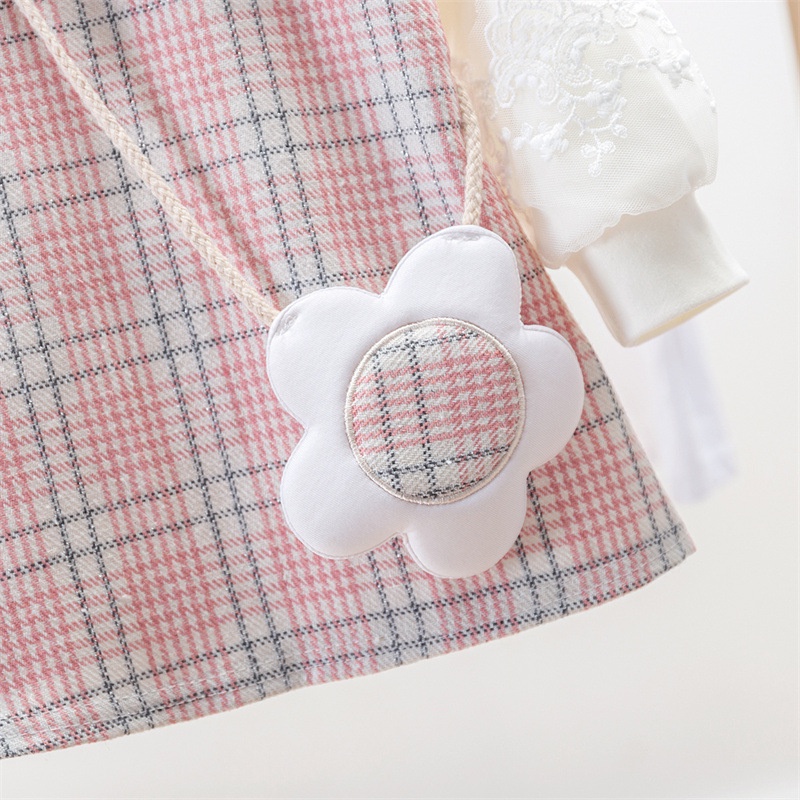 Đầm IELGY bằng cotton tay dài cổ chữ V họa tiết kẻ caro phong cách Hàn Quốc dễ thương cho bé gái