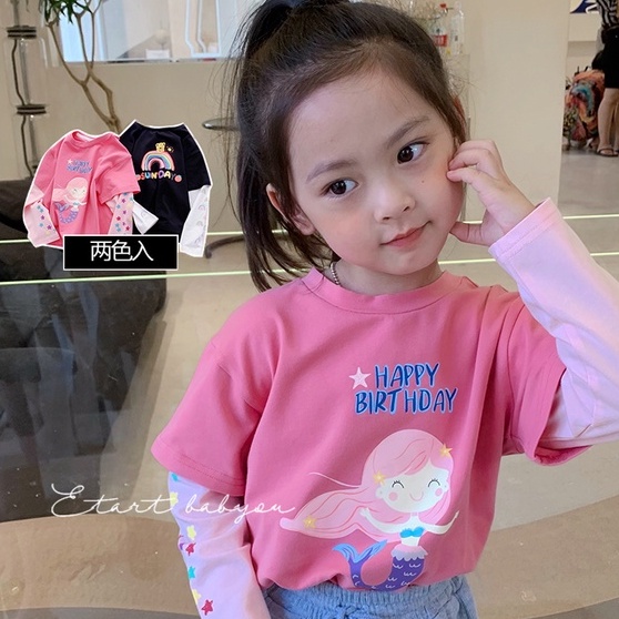 Áo thun tay dài cổ tròn in họa tiết hoạt hình dễ thương giả hai lớp dành cho trẻ em