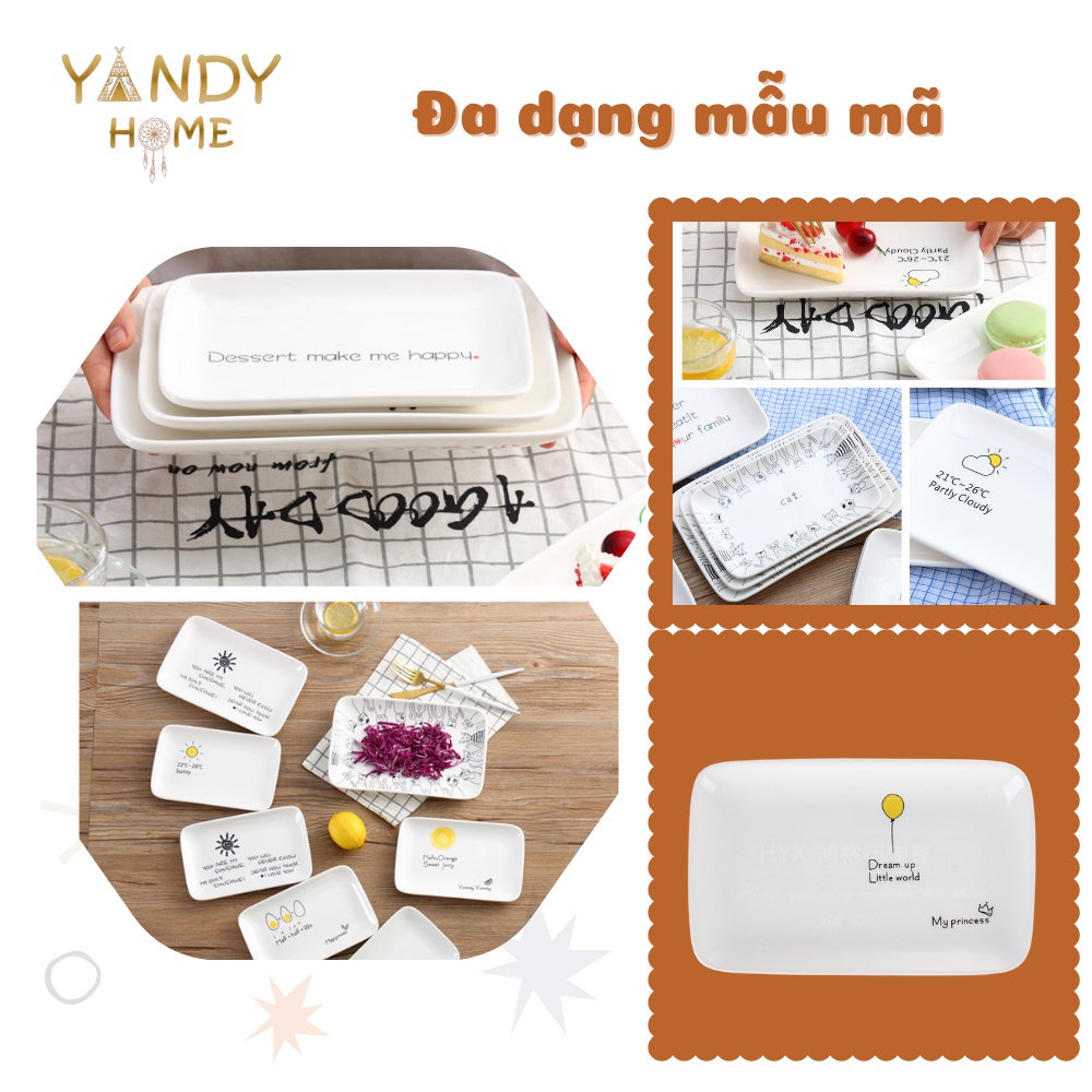 Đĩa gốm sứ YANDY HOME D02 hình chữ nhật men trắng bóng nhiều họa tiết dùng được trong lò vi sóng