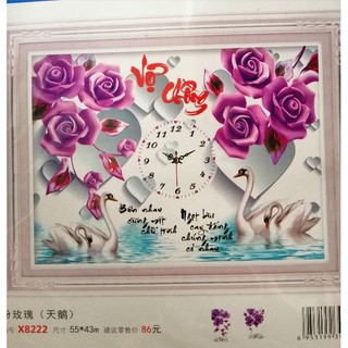 Tranh thêu vợ chồng thiên nga hoa hồng tím X8222 - kích thước: 55 * 43cm. (TRANH CHƯA LÀM)