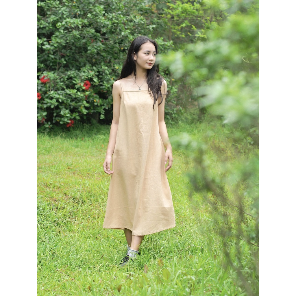 váy yên- váy hai dây be vàng linen (nhận may theo số đo )