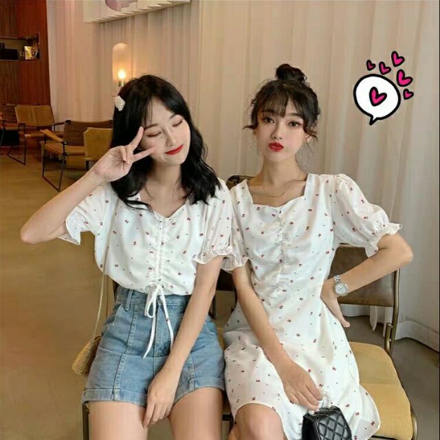 Set Áo Croptop & Váy Bạn Thân ( BFF) Trắng Hoạ Tiết Hoa Hồng Quảng Châu Ulzzang Giá Rẻ