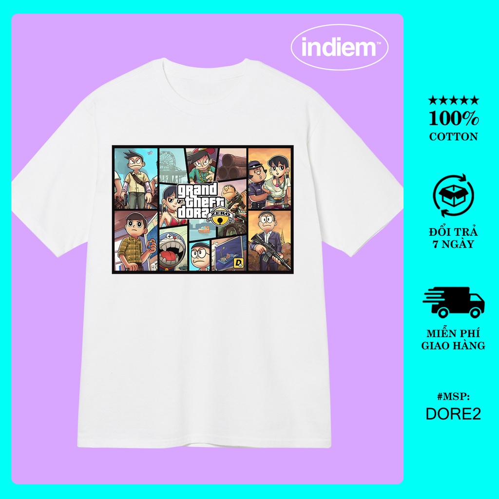 Áo thun tay lỡ in hình doremon INDIEM shop dore2, Áo thun unisex nam nữ form rộng oversize chất liệu Cotton