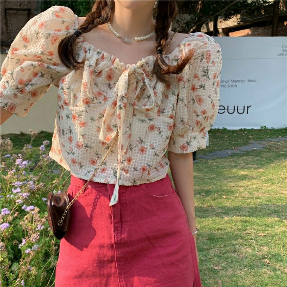 áo croptop Cổ Phiếu Sẵn Sàng  Áo Sơ Mi Tay Ngắn Phồng Họa Tiết Hoa Thời Trang Xu Hướng Mới Cho Nữ JL-TX-174