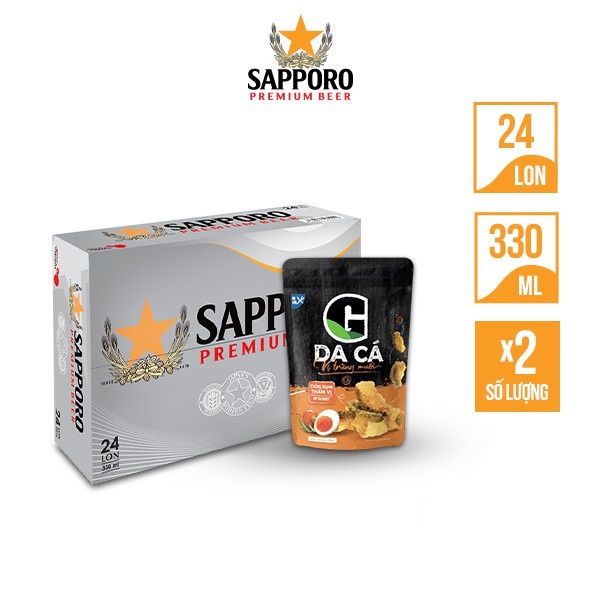 Combo êm đằm: 2 thùng bia Sapporo Premium Beer 24 lon (330ml/lon) + 2 Da cá trứng muối 50gr