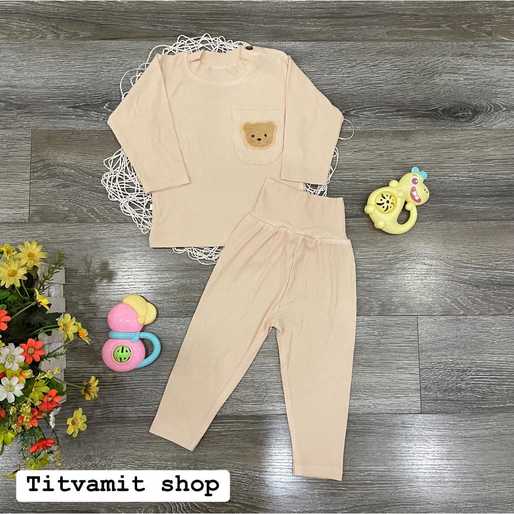 Bộ dài minky mom cài vai tăm lụa cạp cao hình gấu, bộ cạp cao thu đông cho bé sơ sinh