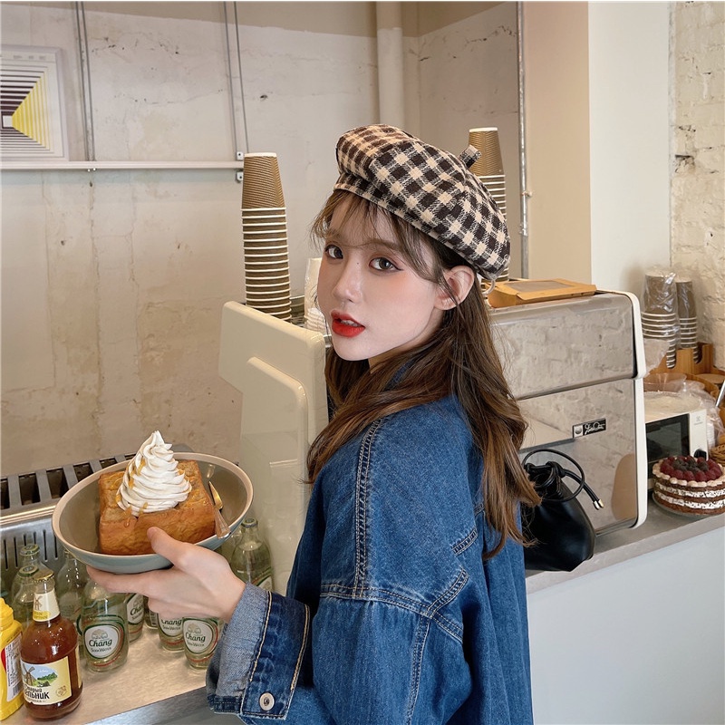 Korean style plaid pattern beret for women