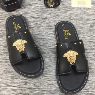 Dép lê da nam H mặt vàng
