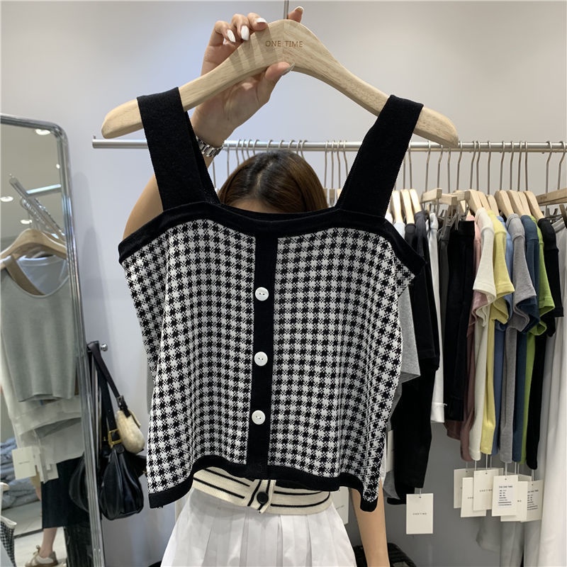 Happy-store  Áo Gile Không Tay Cổ vuông Dáng Rộng Phong Cách Hàn Quốc Cho Nữ