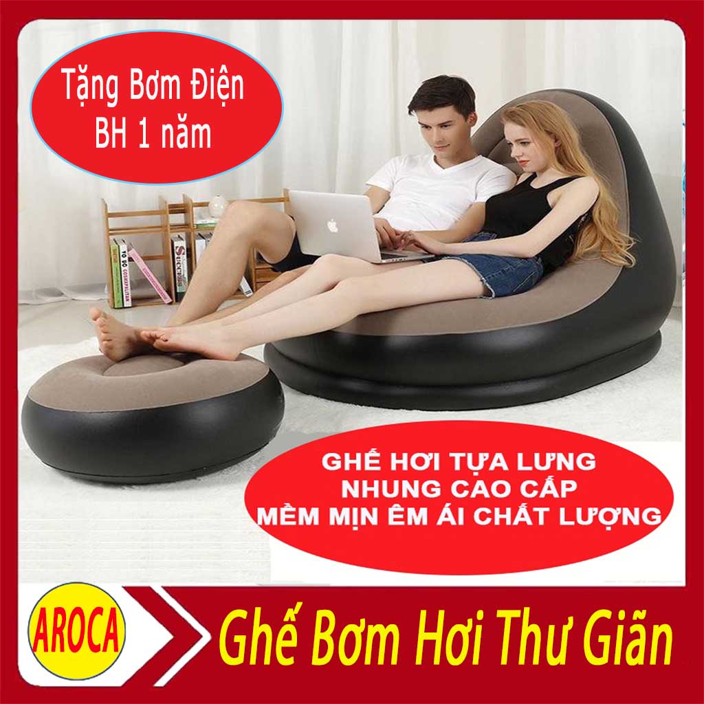 Ghế Hơi Tựa Lưng Bọc Nhung, Mềm Mịn Êm Ái, Có Đệm Hơi Lót Chân Cao Cấp - Tặng Bơm Điện AROCA