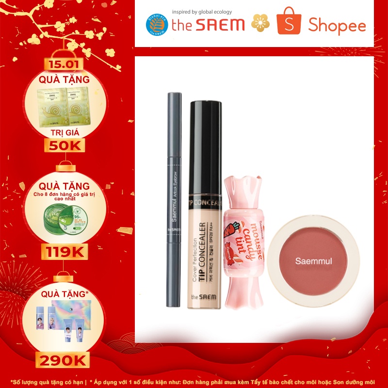 Combo 4 món Make up the SAEM: Kem che khuyết điểm, chì kẻ mày, son kẹo, phấn má hồng