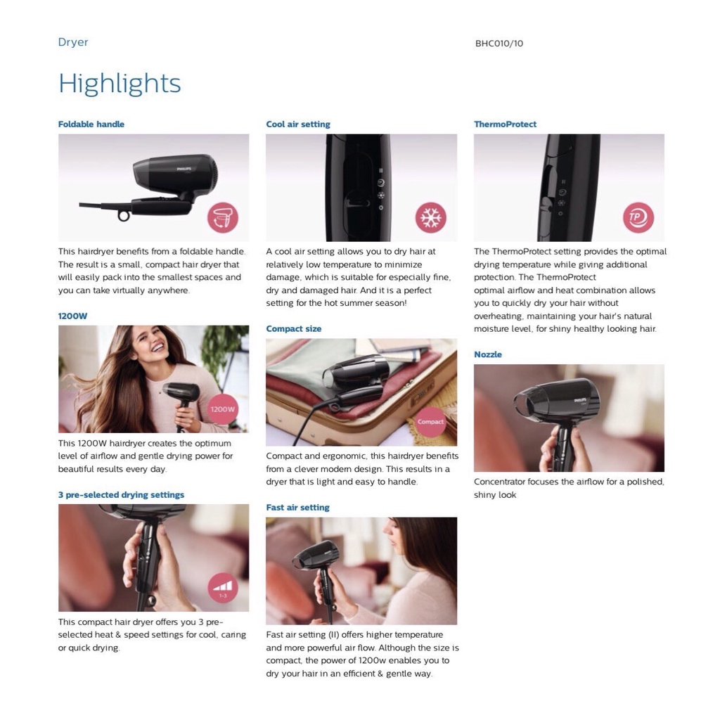 Máy sấy tóc mini Philips BHC010  - Hàng chính hãng - Bảo hành 24 tháng