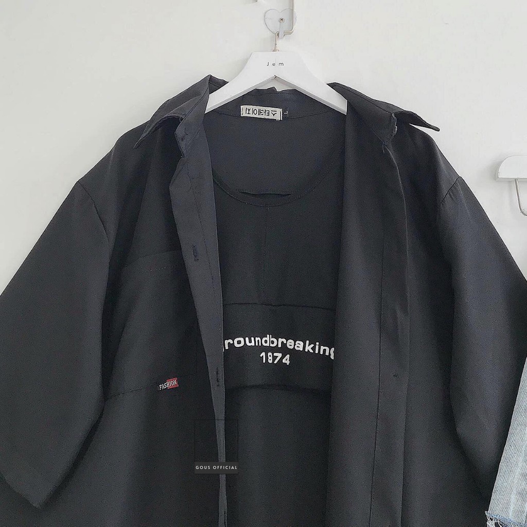 Áo Sơ Mi Nữ Một Túi Vuông Sơ Mi Cổ Bẻ Tay Ngắn Dáng Rộng Unisex  Ulzzang Hàn Quốc Màu Đen 1603 Gous Official