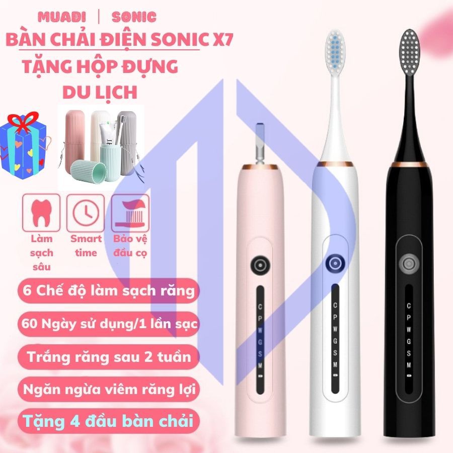 Bàn chải đánh răng điện Sonic X7 kèm kệ dán tường, công nghệ châu âu, sạc 1 lần dùng 2 tháng