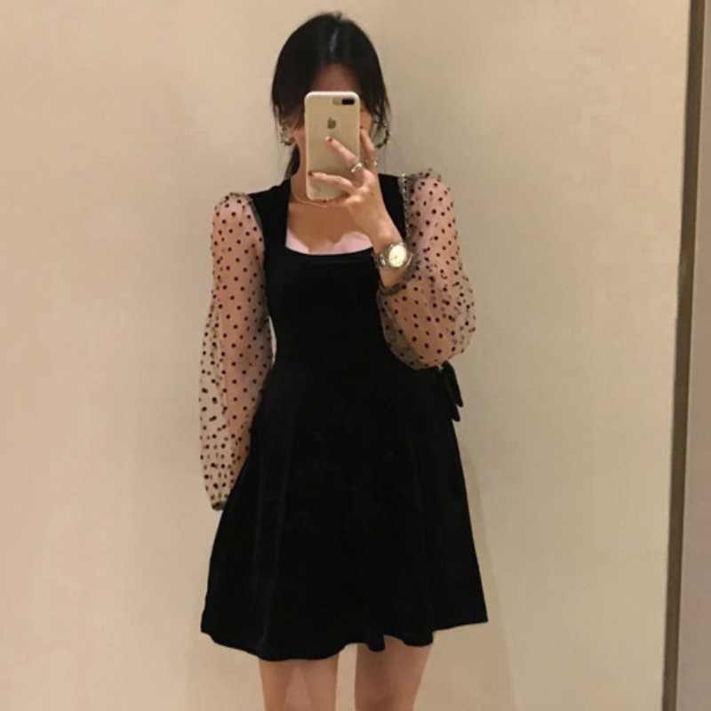 Đầm Nhung Tay Dài Phối Lưới Họa Tiết Chấm Bi Thời Trang Cho Nữ | BigBuy360 - bigbuy360.vn