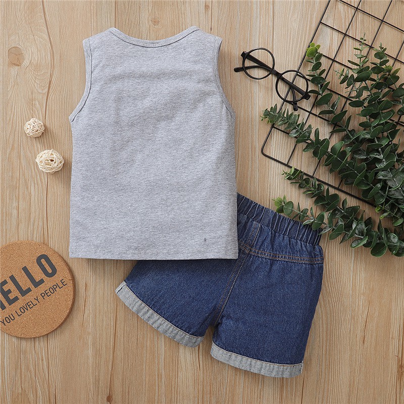 Bộ đồ 2 món MIKRDOO gồm áo không tay họa tiết chữ và quần ngắn denim thời trang mùa hè dành cho bé trai