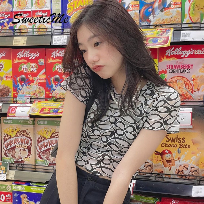 Áo Thun Ngắn Tay In Họa Tiết Hoa Xinh Xắn Dành Cho Nữ