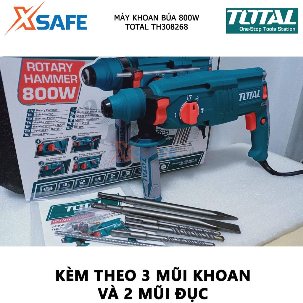 Máy khoan bê tông cầm tay TOTAL TH308268 công suất 800W, lực đập 2.5J, kèm 3 mũi khoan bê tông, 2 mũi đục - xsafe