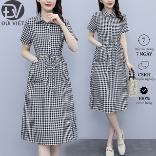Đầm váy sơ mi nữ kẻ caro, Đầm sơ mi nữ dáng dài thắt eo công sở Đũi Việt