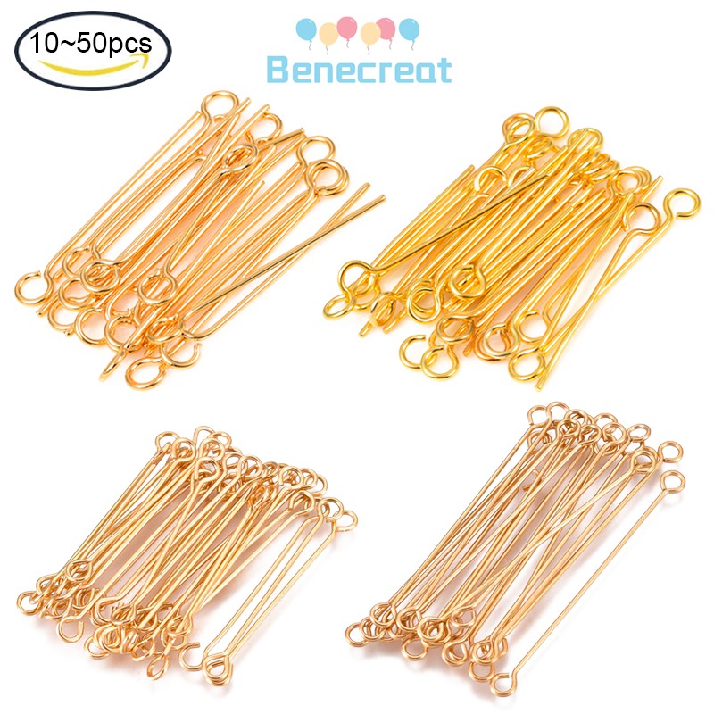 Bộ 10-50 chân móc BENECREAT bằng thép không gỉ 304 mạ vàng 15-50mm lỗ 1.6-2mm/chốt 0.5-0.7mm