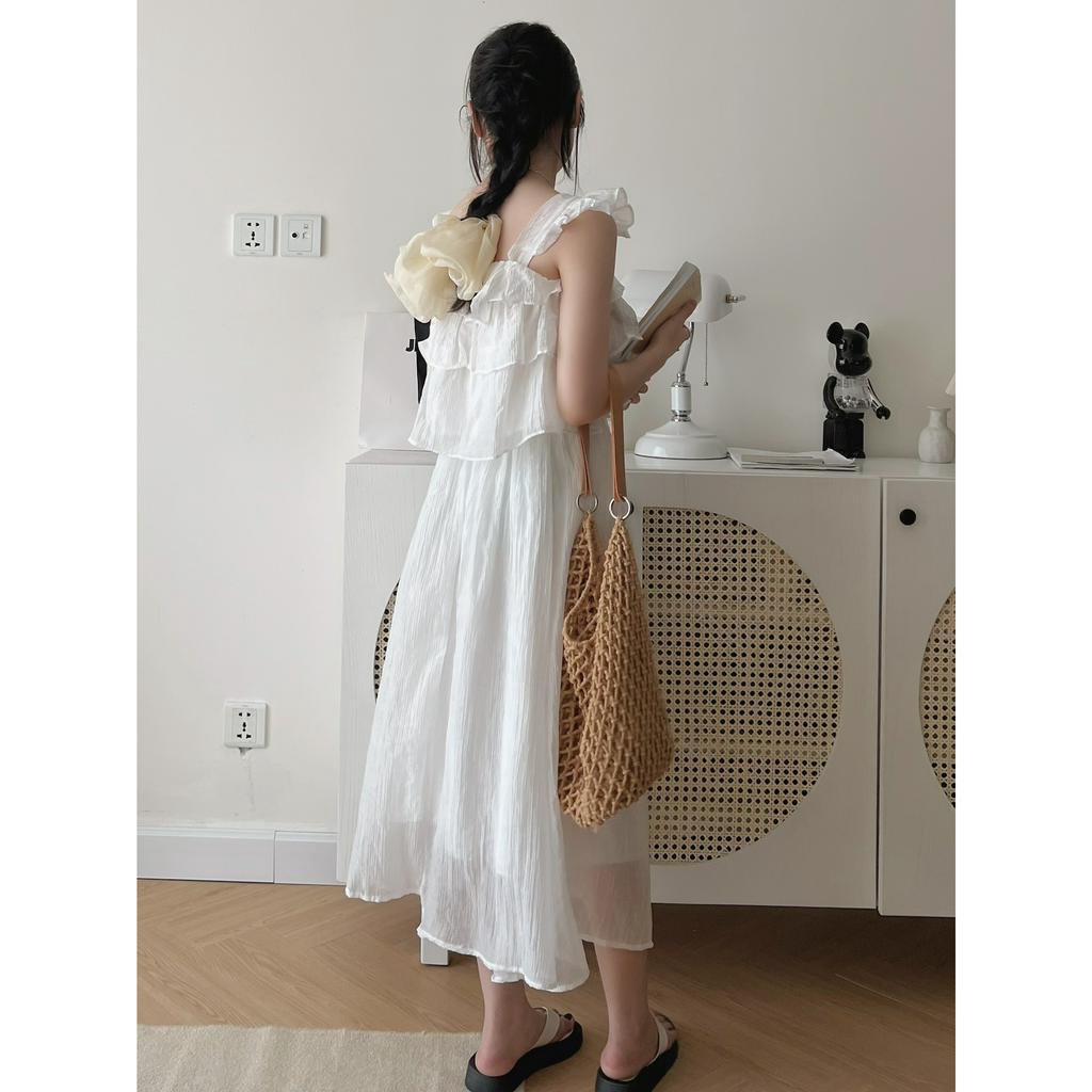 Set áo 2 dây cánh tiên tầng kèm chân váy dài chất tơ đũi