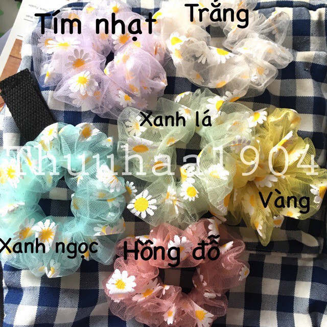 Cột tóc vải scrunchues chấm bi kẻ loang hoa cúc nhiều màu