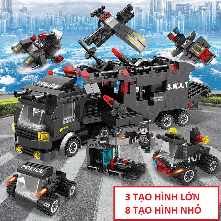 [500 CHI TIẾT] Bộ Lego lắp ráp xếp hình BIỆT ĐỘI SWAT500 gồm ROBOT, TÀU BAY, XE QUÂN SỰ