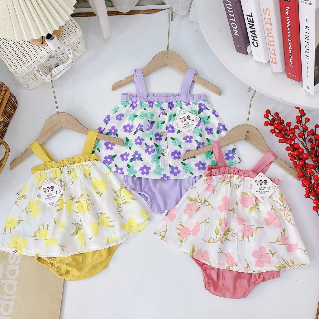 Bộ Áo Váy 2 Dây Hoạ Tiết Hoa Nhí Đáng Yêu Cho Bé Chất Liệu Vải Đũi Mềm Đủ Size 8-18Kg VNXK Nhật-Hàn