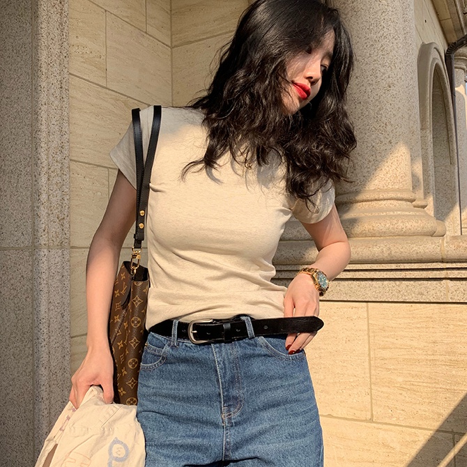 SUXI Áo Thun Tay Ngắn Cổ Tròn Màu Sắc Đơn Giản Cho Nữ