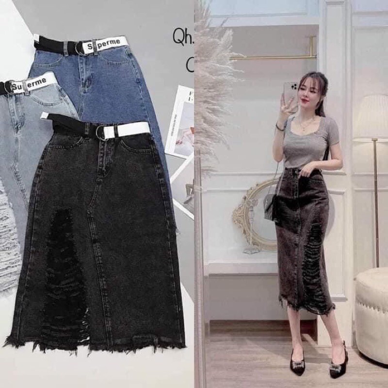 [Mã FAGREAT55 giảm tới 50K đơn 250K] chân váy bò rách kèm đai