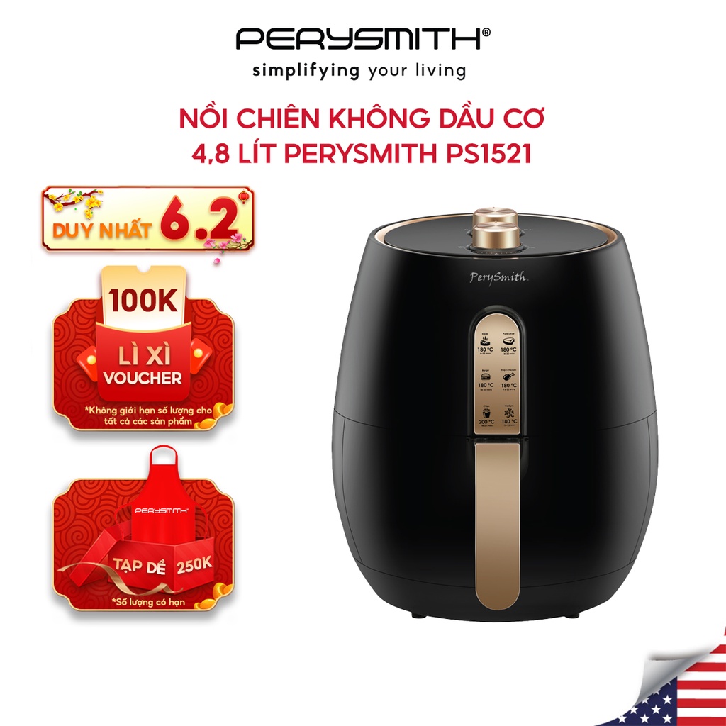 Nồi chiên không dầu cơ 4,8 lít Perysmith PS1521 Black bảo hành 2 năm